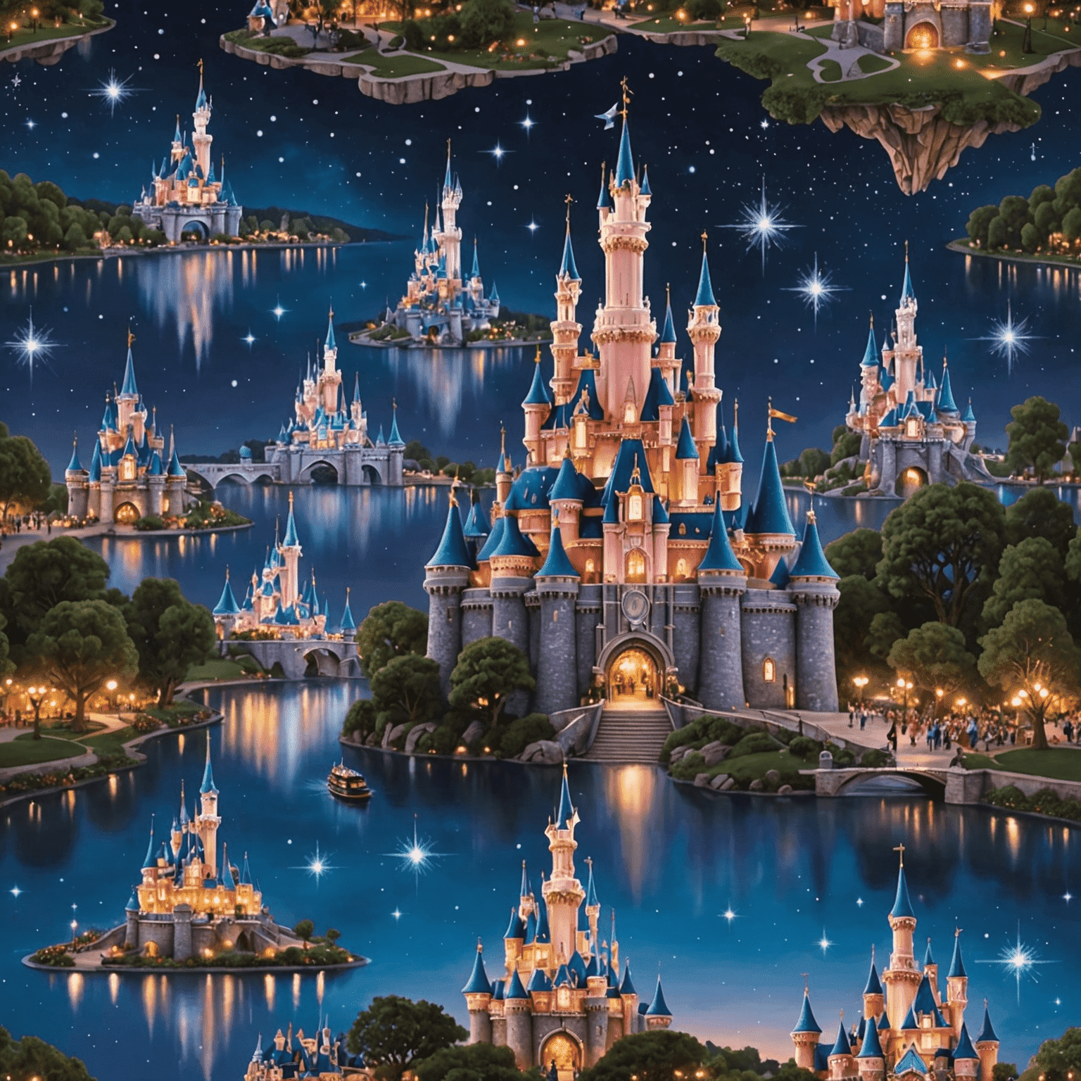 Une illustration magique du château de Disneyland Paris entouré d'étoiles scintillantes et de personnages de contes de fées dansant
