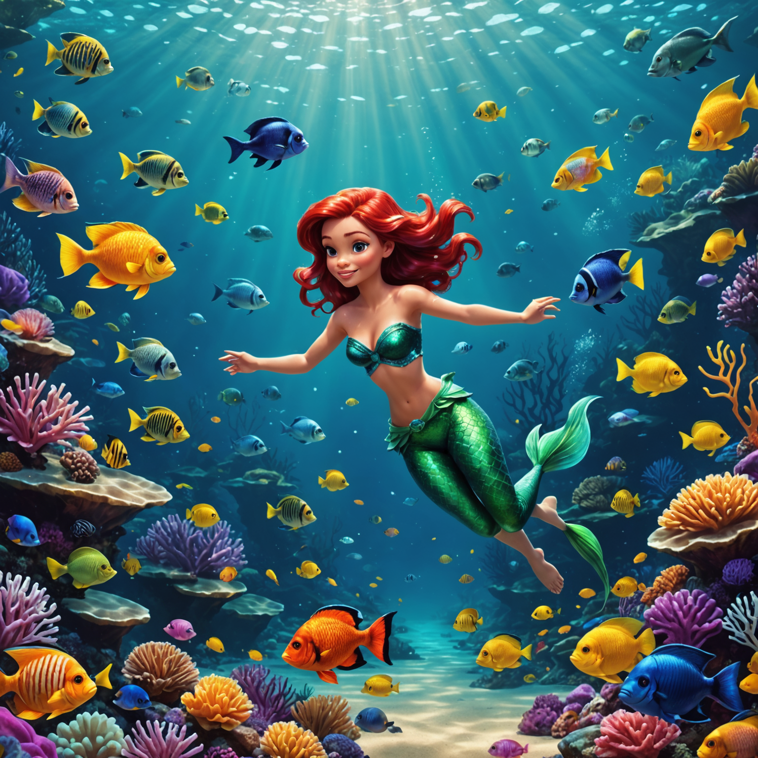 Ariel nageant dans un océan coloré rempli de poissons tropicaux et de trésors cachés