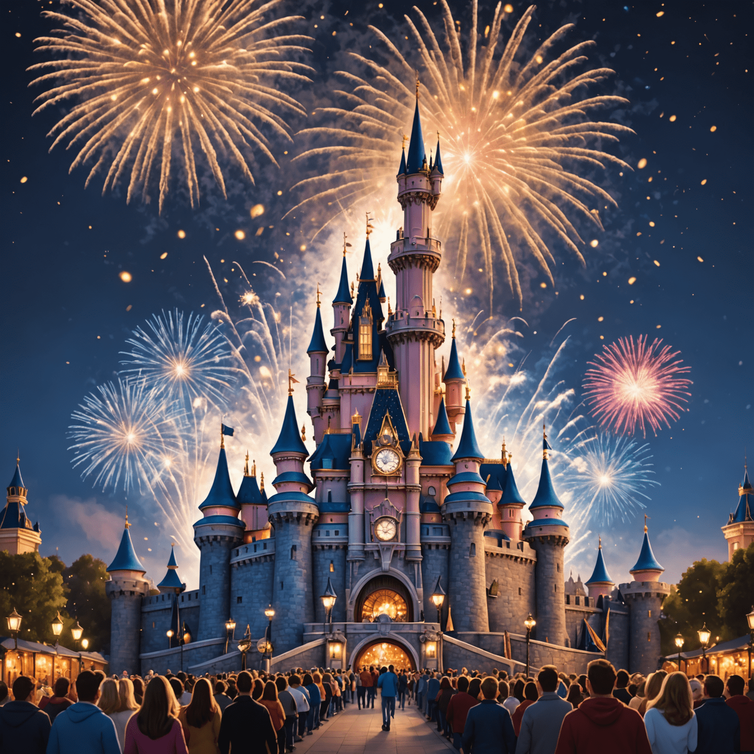 Une illustration magique du château emblématique de Disneyland Paris, entouré de feux d'artifice et de personnages Disney dansants