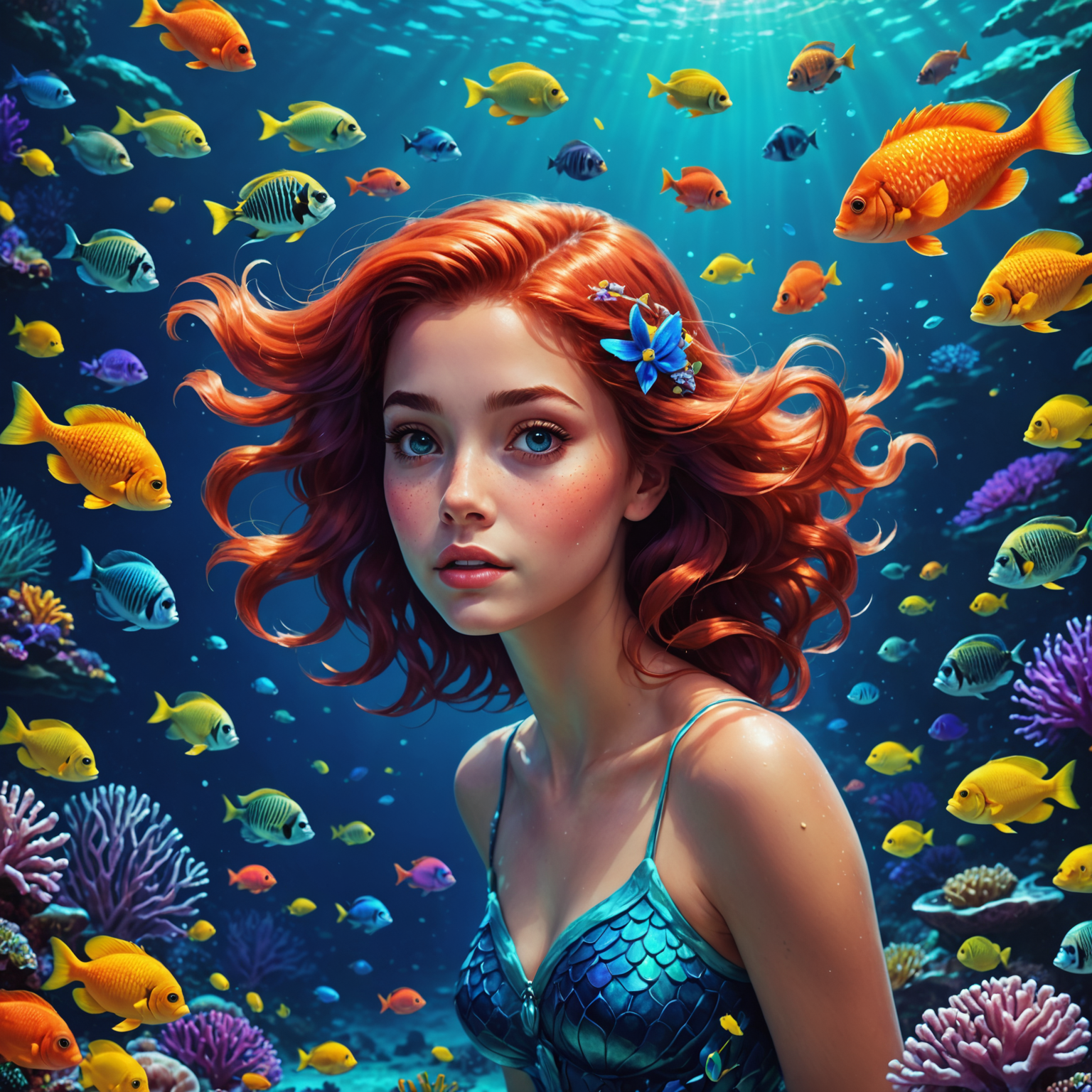 Ariel nageant gracieusement dans un océan bleu profond, entourée de poissons colorés et de coraux lumineux. Son visage exprime l'émerveillement alors qu'elle explore les merveilles sous-marines.