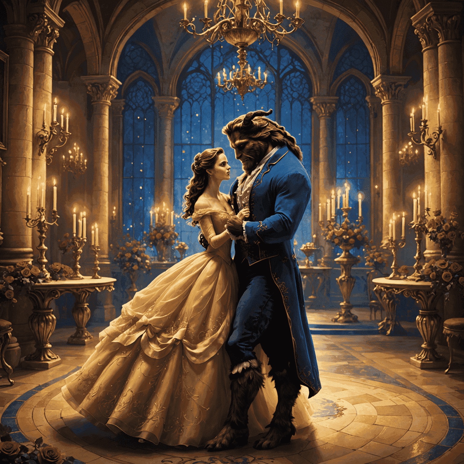 Une illustration enchantée de Belle et la Bête dansant dans la salle de bal du château. Belle porte une robe dorée flottante, tandis que la Bête est vêtue d'un costume bleu royal. Des chandeliers magiques et des roses flottantes les entourent, créant une atmosphère romantique et féerique.