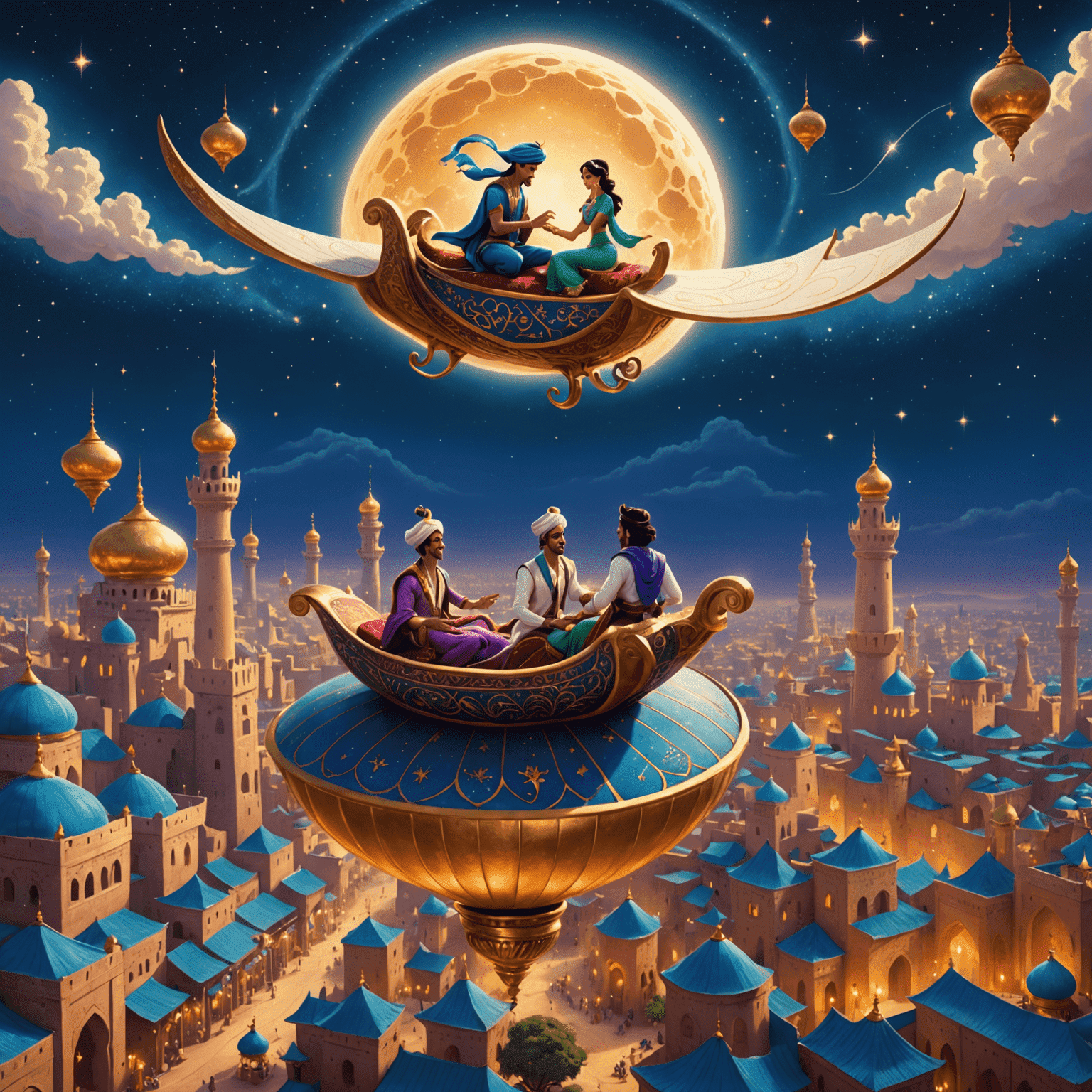 Aladdin et Jasmine survolant Agrabah sur un tapis magique, avec une vue panoramique de la ville dorée, ses dômes et minarets scintillants sous un ciel étoilé