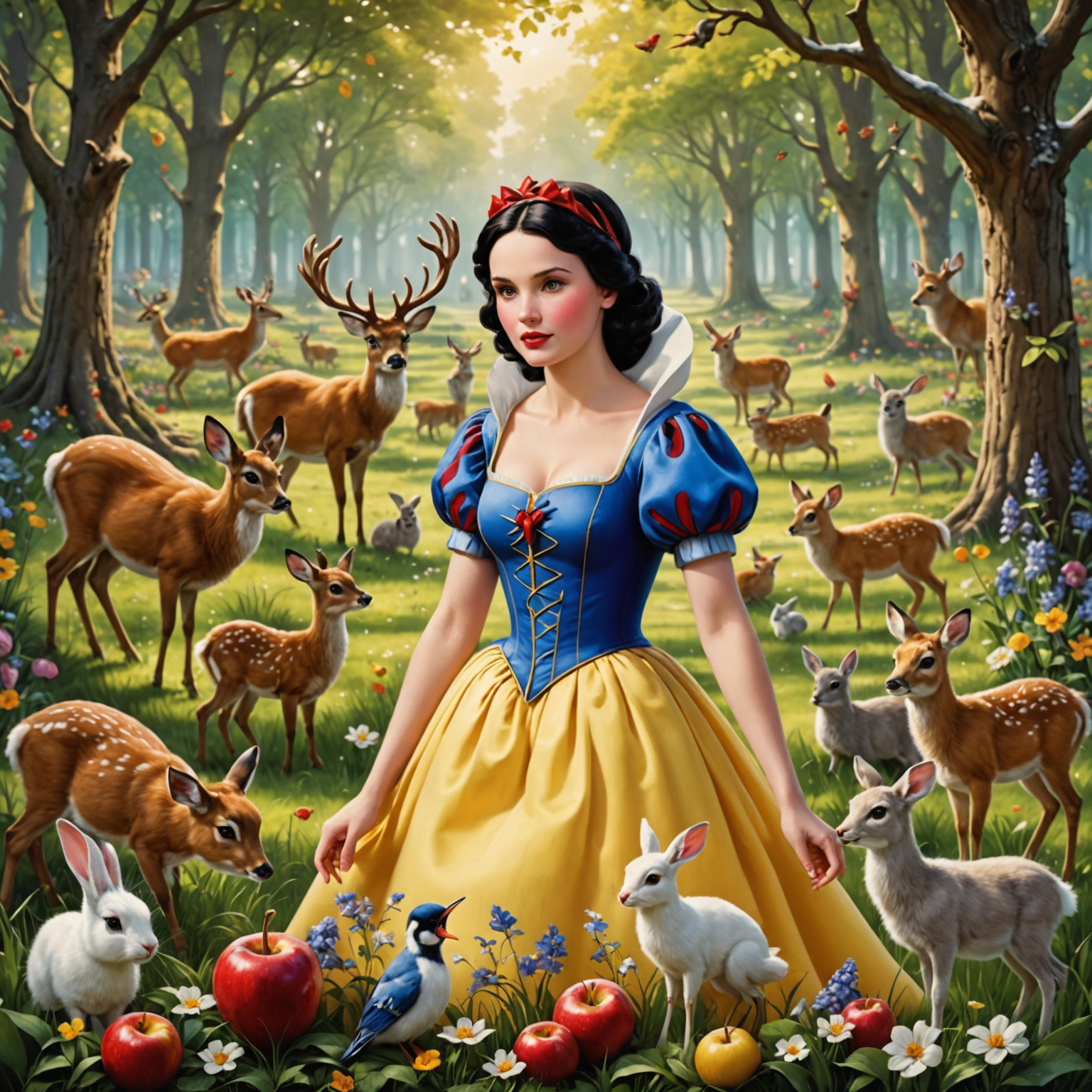 Blanche-Neige entourée d'animaux de la forêt, notamment des oiseaux, des lapins et des cerfs, dans une clairière ensoleillée. La scène est empreinte de douceur et de magie, rappelant l'atmosphère enchanteresse de Disneyland Paris.