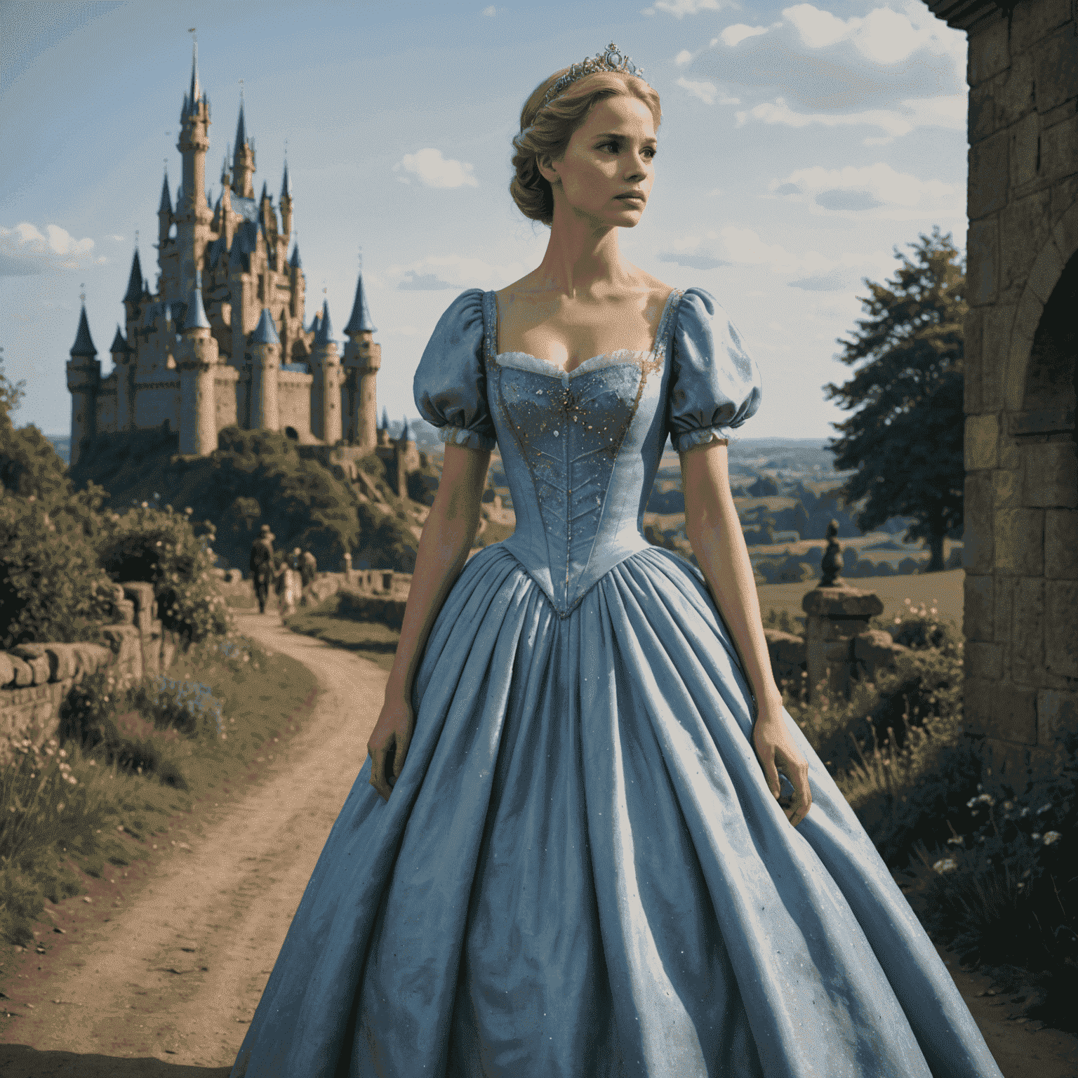 Cendrillon dans ses haillons, regardant avec espoir vers un château scintillant au loin. Le contraste entre sa pauvreté actuelle et son destin royal est saisissant.