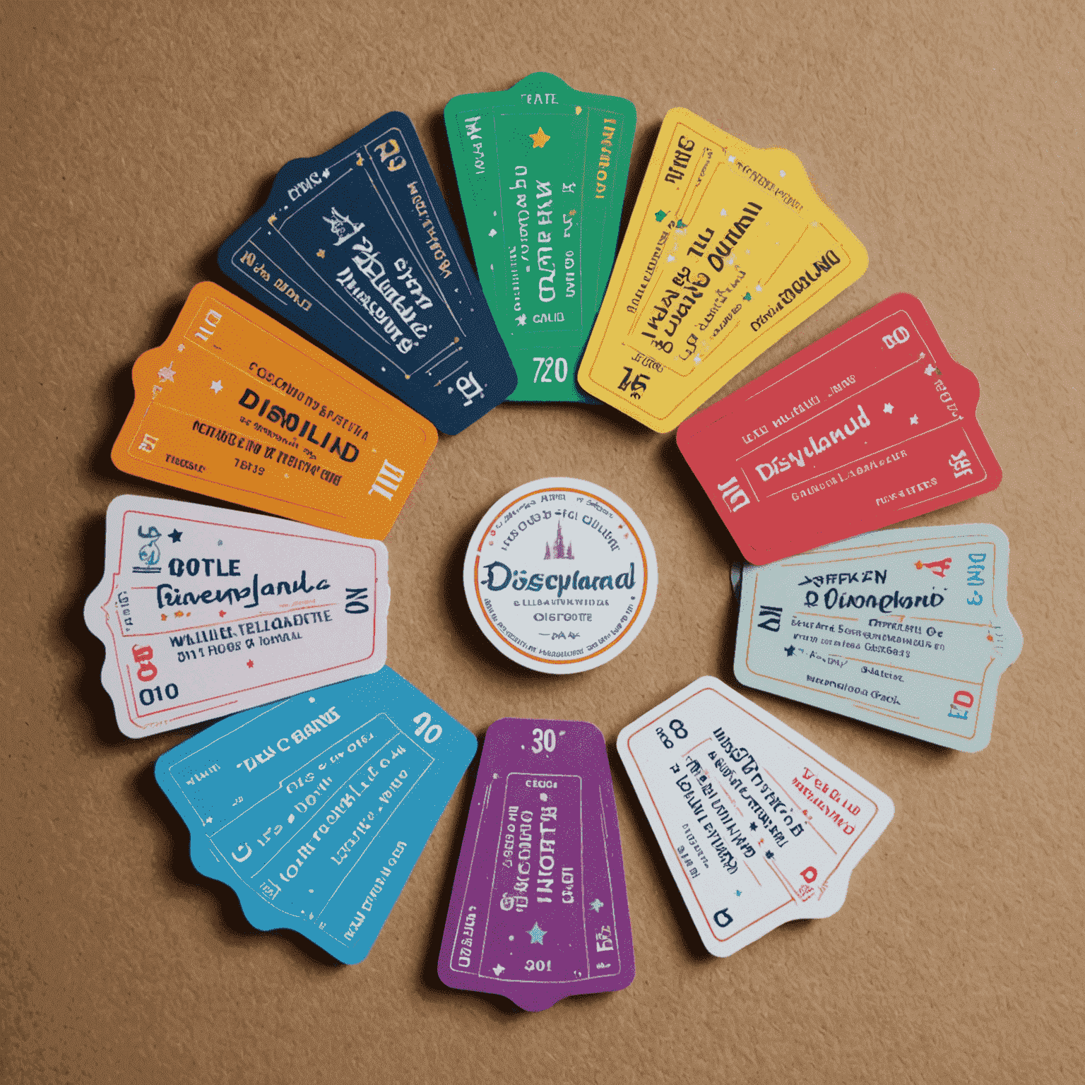 Une collection de billets colorés pour Disneyland Paris disposés en éventail, avec des étincelles magiques