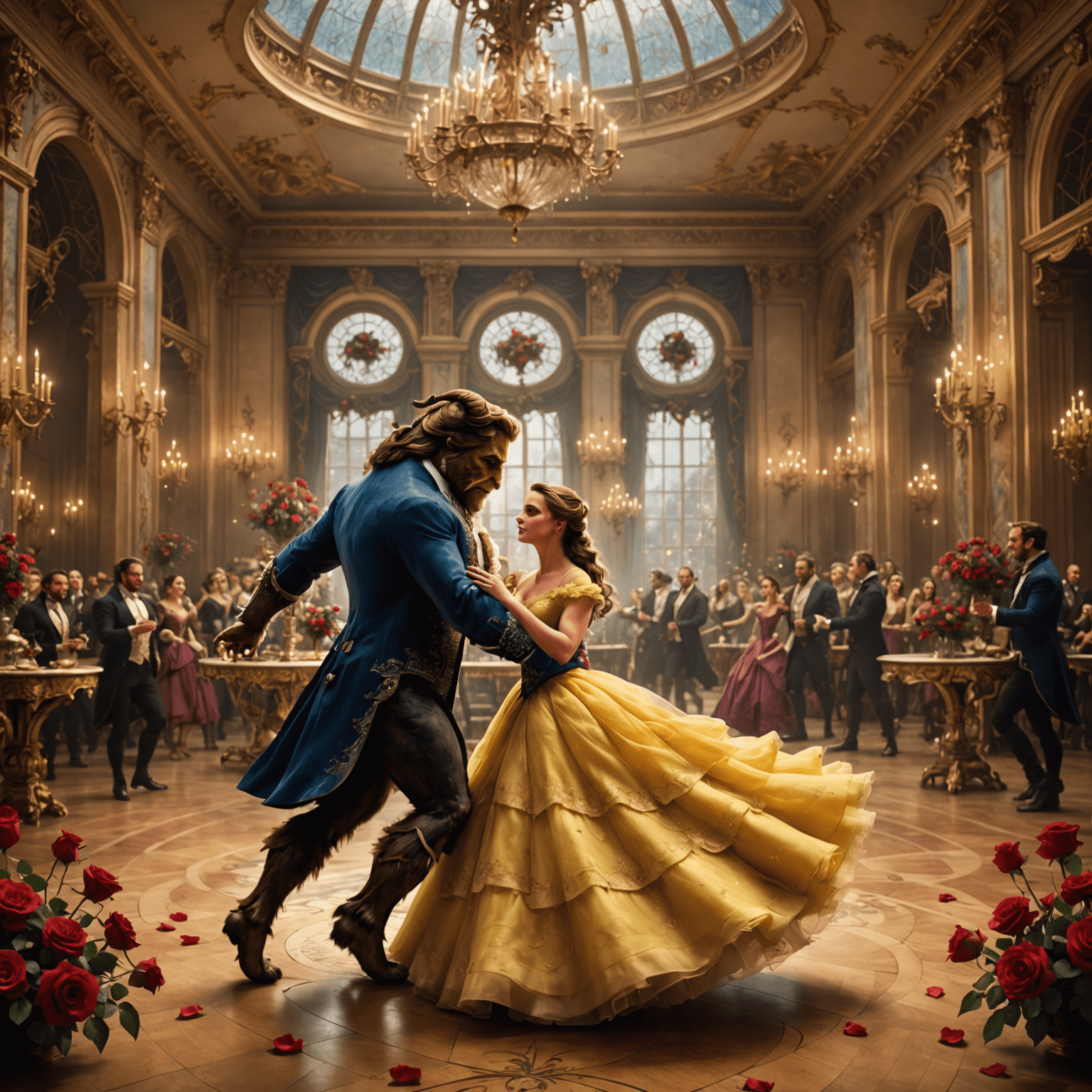 Belle et la Bête dansant dans une salle de bal somptueuse avec des roses flottantes