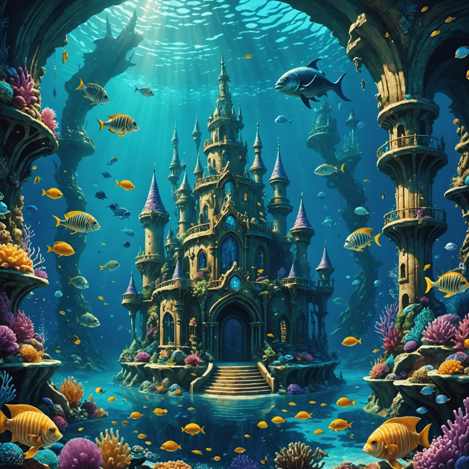 Le magnifique palais sous-marin du Roi Triton, avec ses tours en spirale et ses dômes brillants. Des sirènes et des poissons nagent joyeusement autour, créant une scène de vie sous-marine animée.