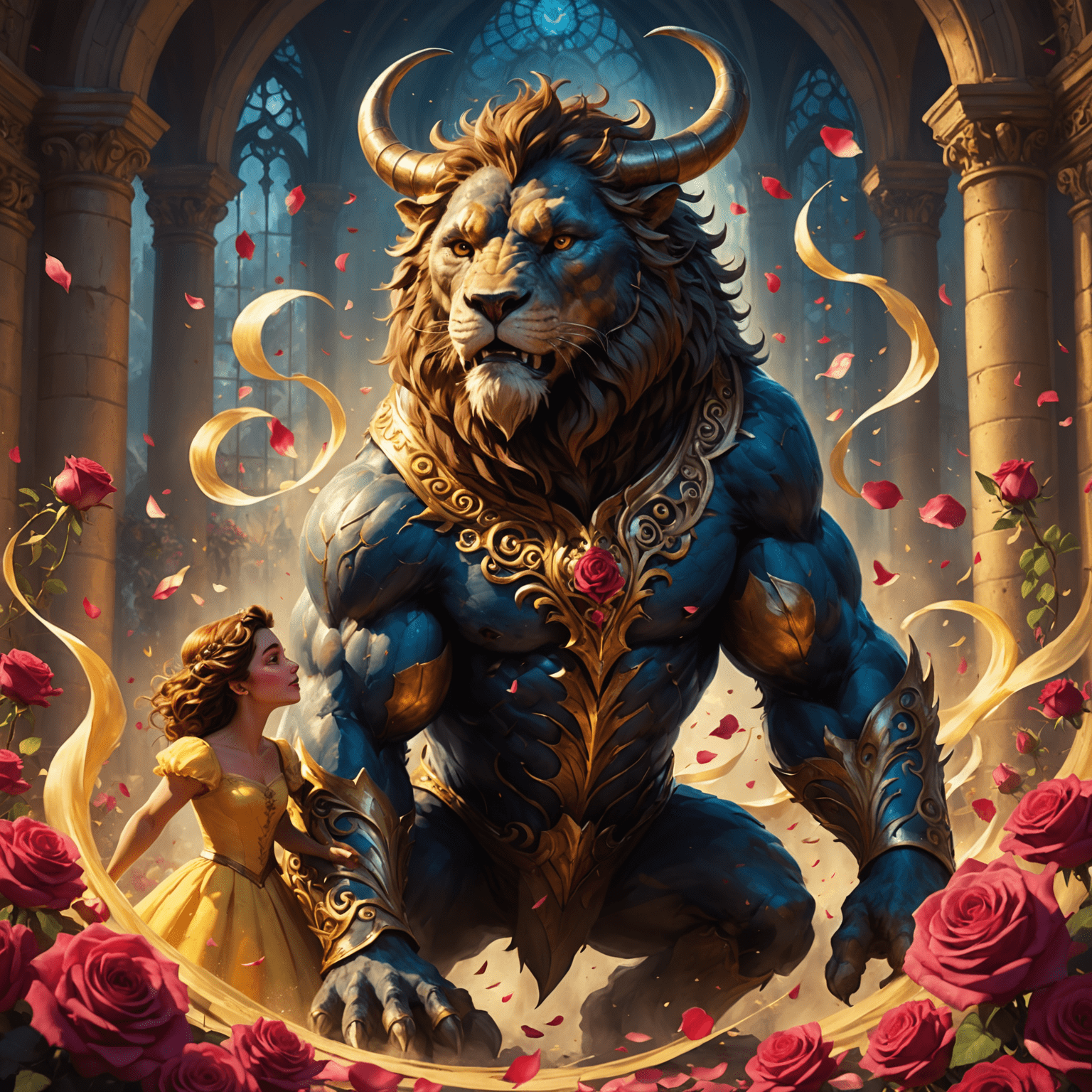 Une image montrant la transformation graduelle de la Bête. On voit trois étapes : d'abord la Bête féroce, puis la Bête adoucie par l'amour de Belle, et enfin le prince humain. L'arrière-plan est rempli de pétales de rose tourbillonnants et d'une lueur magique.