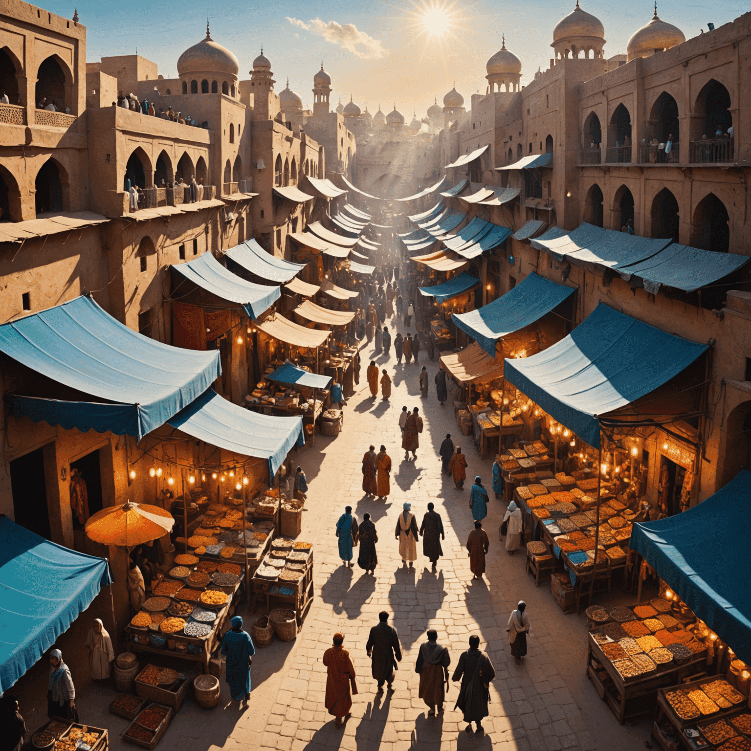 Vue aérienne du bazar d'Agrabah, rempli d'étals colorés, de marchands et d'acheteurs, avec des rayons de soleil filtrant à travers les toiles tendues
