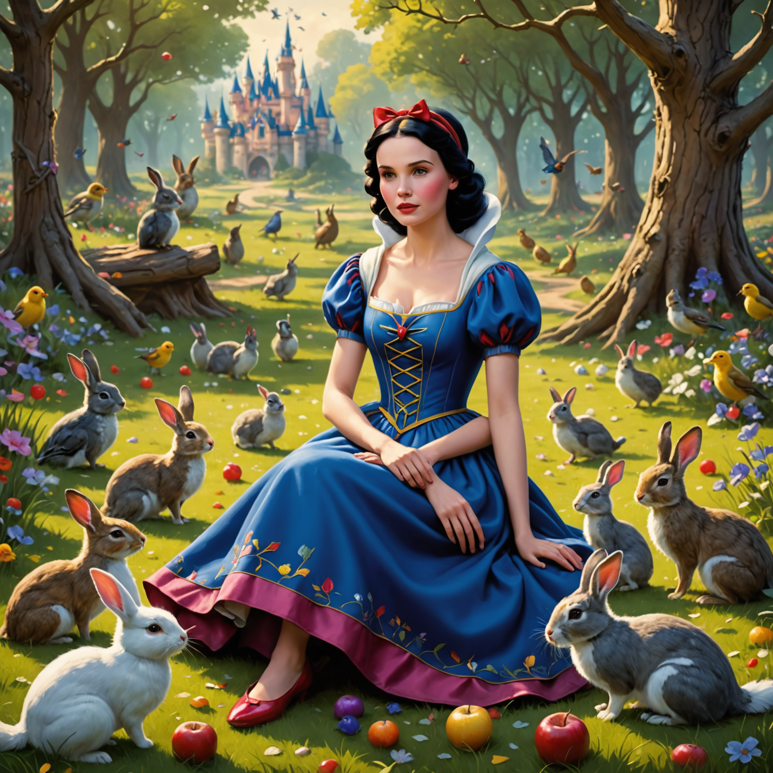 Blanche-Neige assise dans une clairière, entourée de lapins curieux et d'oiseaux colorés. La scène évoque la magie et l'innocence qu'on retrouve dans les attractions de Disneyland Paris.