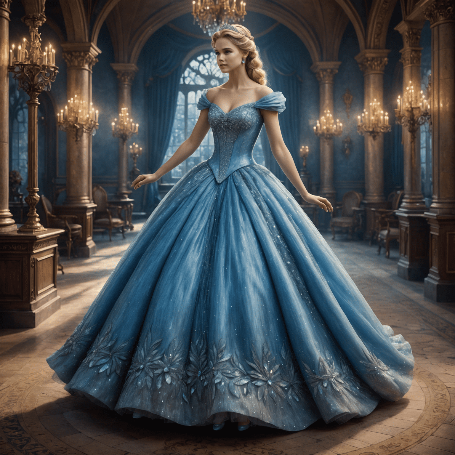 Une scène magique montrant la transformation de Cendrillon : sa robe en haillons se transforme en une magnifique robe de bal bleue scintillante, rappelant la magie que l'on peut ressentir à Disneyland Paris.