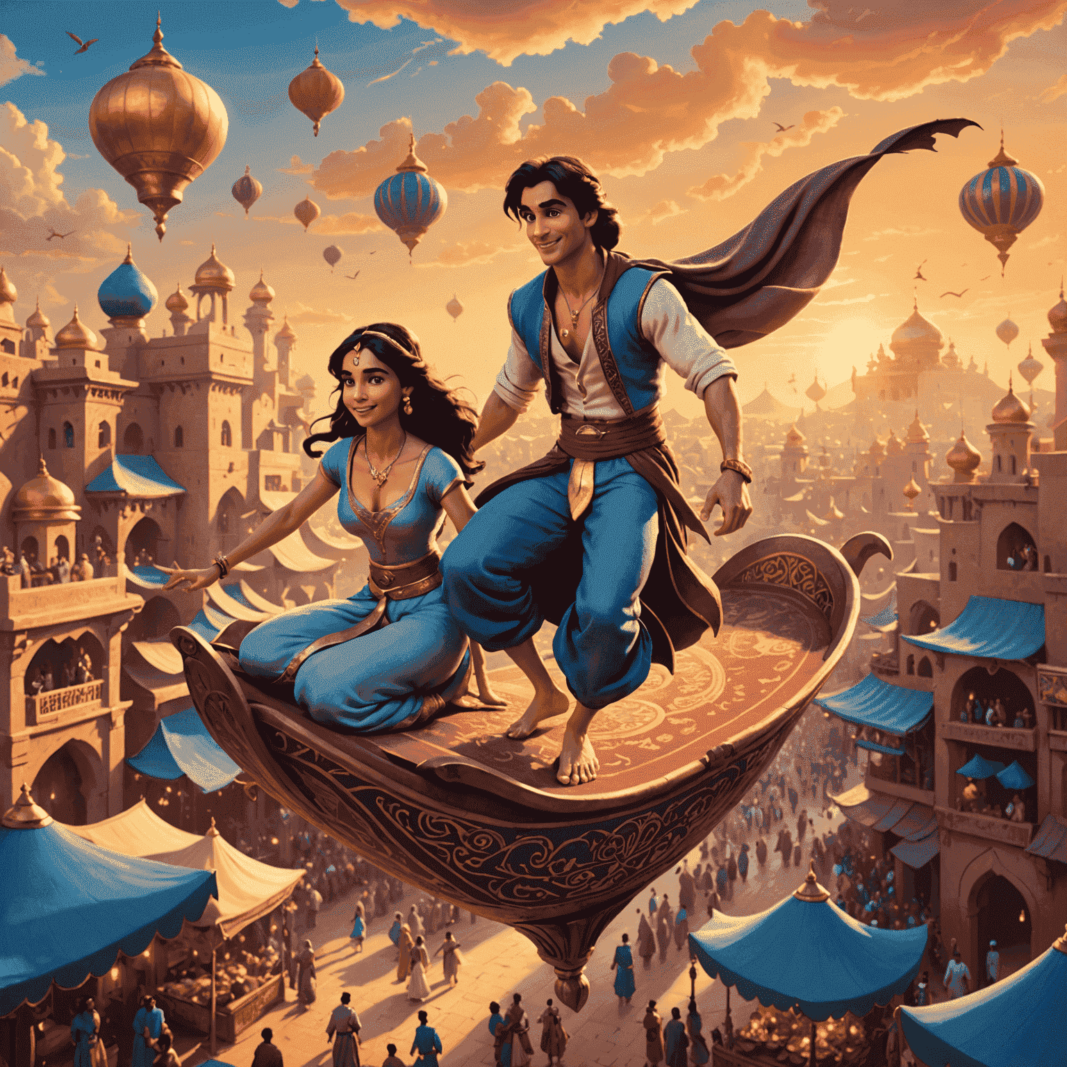 Aladdin et Jasmine sur un tapis volant survolant un marché animé d'Agrabah au coucher du soleil