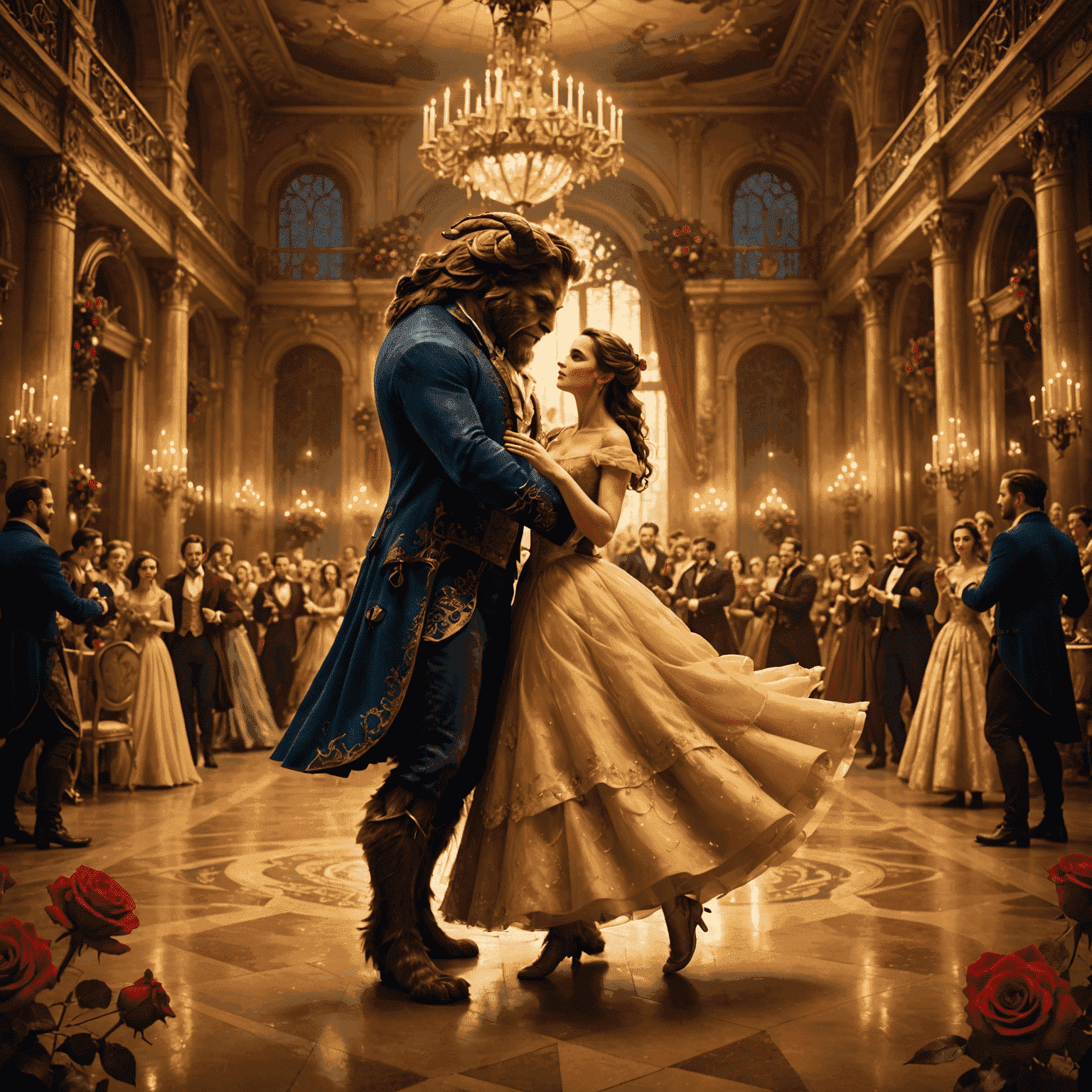 Une image montrant Belle et la Bête dansant dans une salle de bal somptueuse, entourés de lumières dorées et de roses rouges flottantes