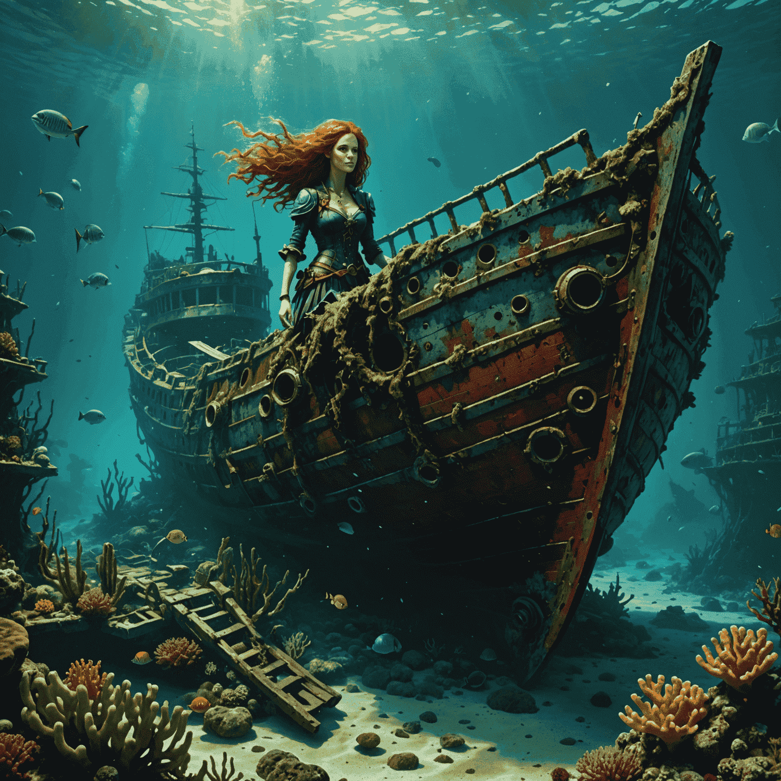 Un cimetière de navires sous-marin mystérieux et atmosphérique. Des épaves anciennes couvertes d'algues et de coraux, avec Ariel explorant prudemment, sa chevelure rousse flottant dans l'eau.