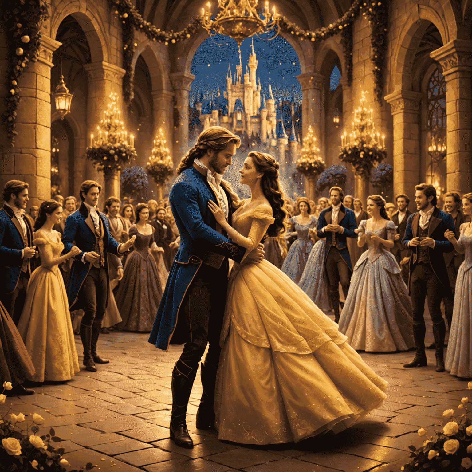 Une illustration de la scène finale où Belle et le Prince, redevenu humain, dansent entourés des personnages enchantés du château. Le décor est somptueux, avec des guirlandes dorées et des fontaines de lumière, symbolisant la fin du sortilège et le triomphe de l'amour véritable.