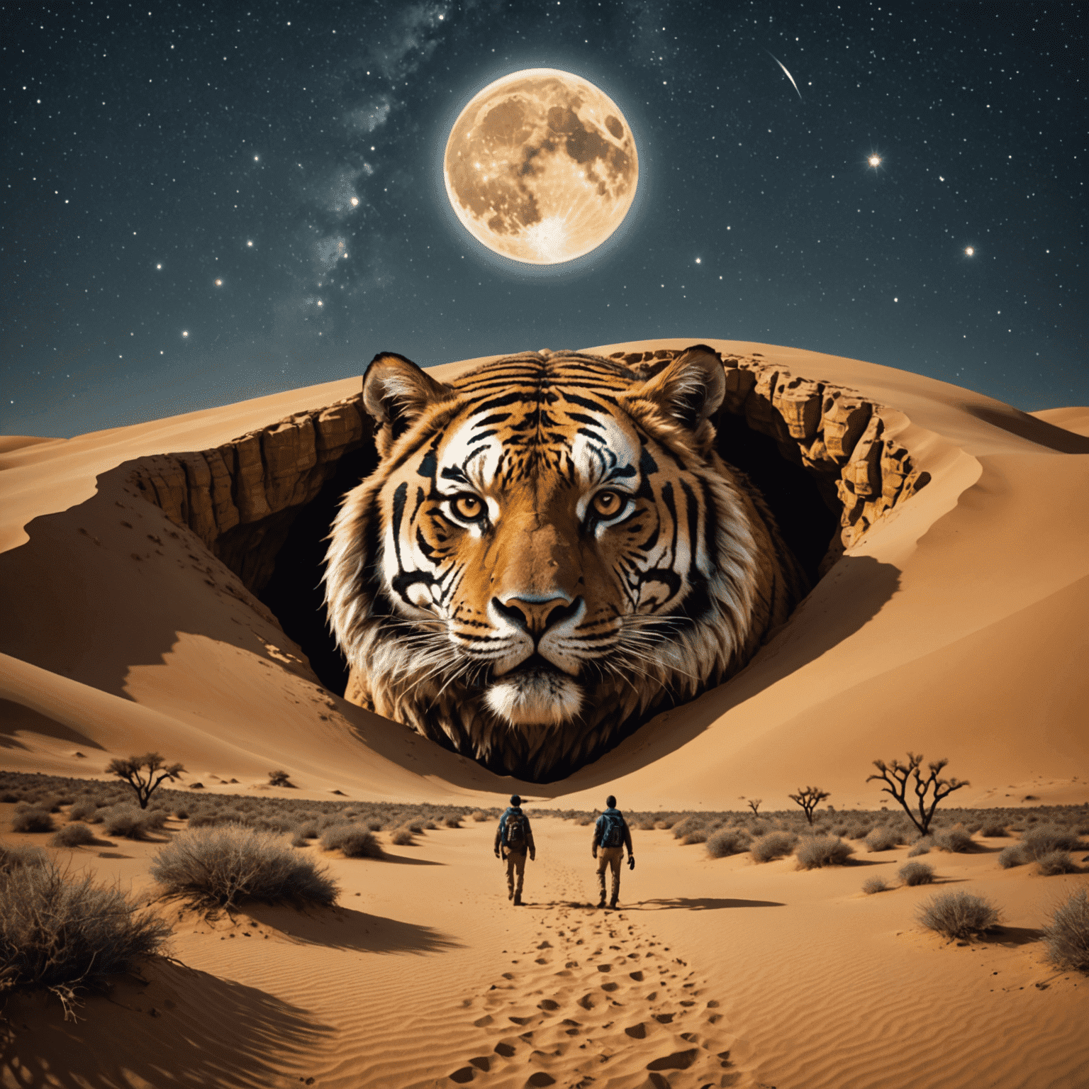 La Caverne aux Merveilles vue de loin, avec son entrée en forme de tête de tigre géante émergeant des dunes du désert sous un ciel étoilé
