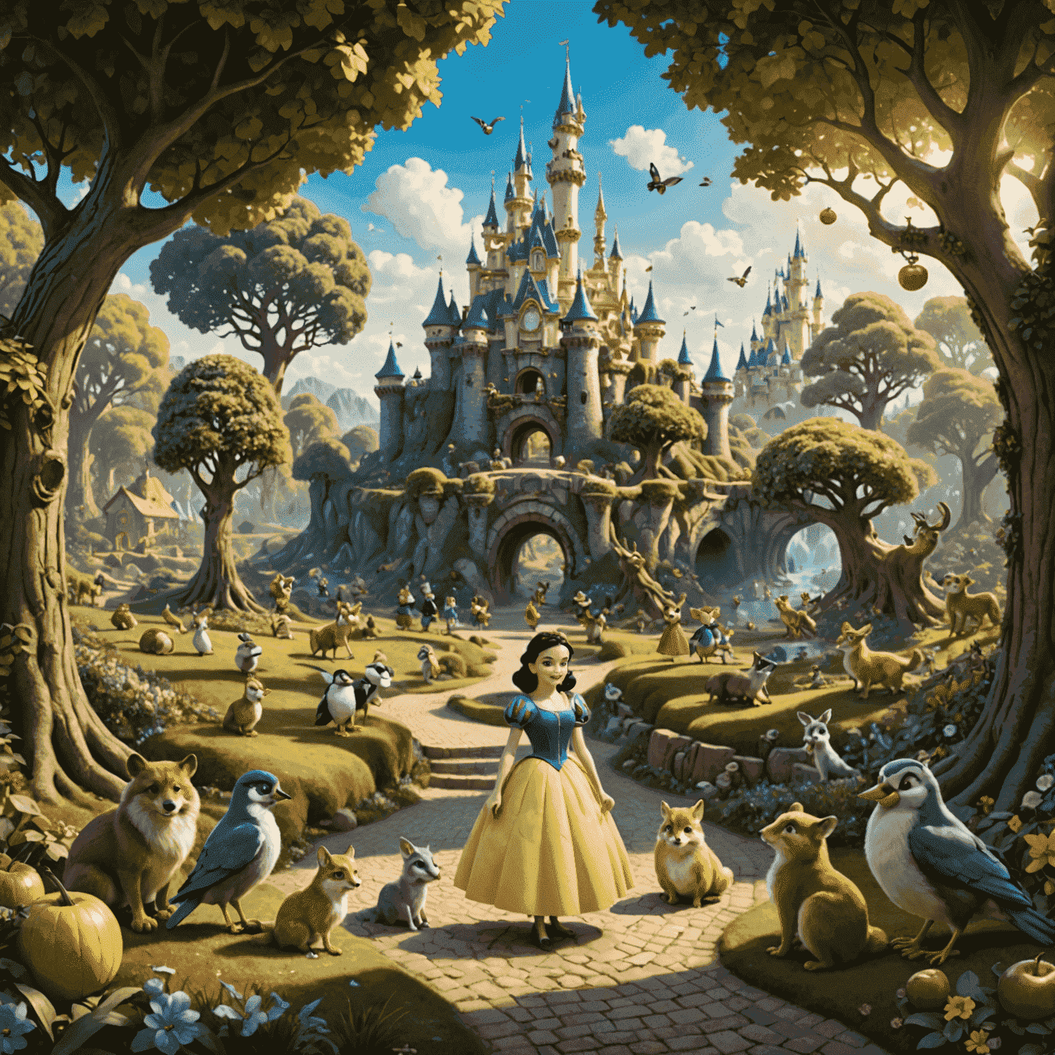 Une scène panoramique de la forêt enchantée, avec Blanche-Neige au centre, entourée de tous ses amis animaux. L'image capture l'essence magique et l'harmonie qu'on retrouve dans l'univers de Disneyland Paris.