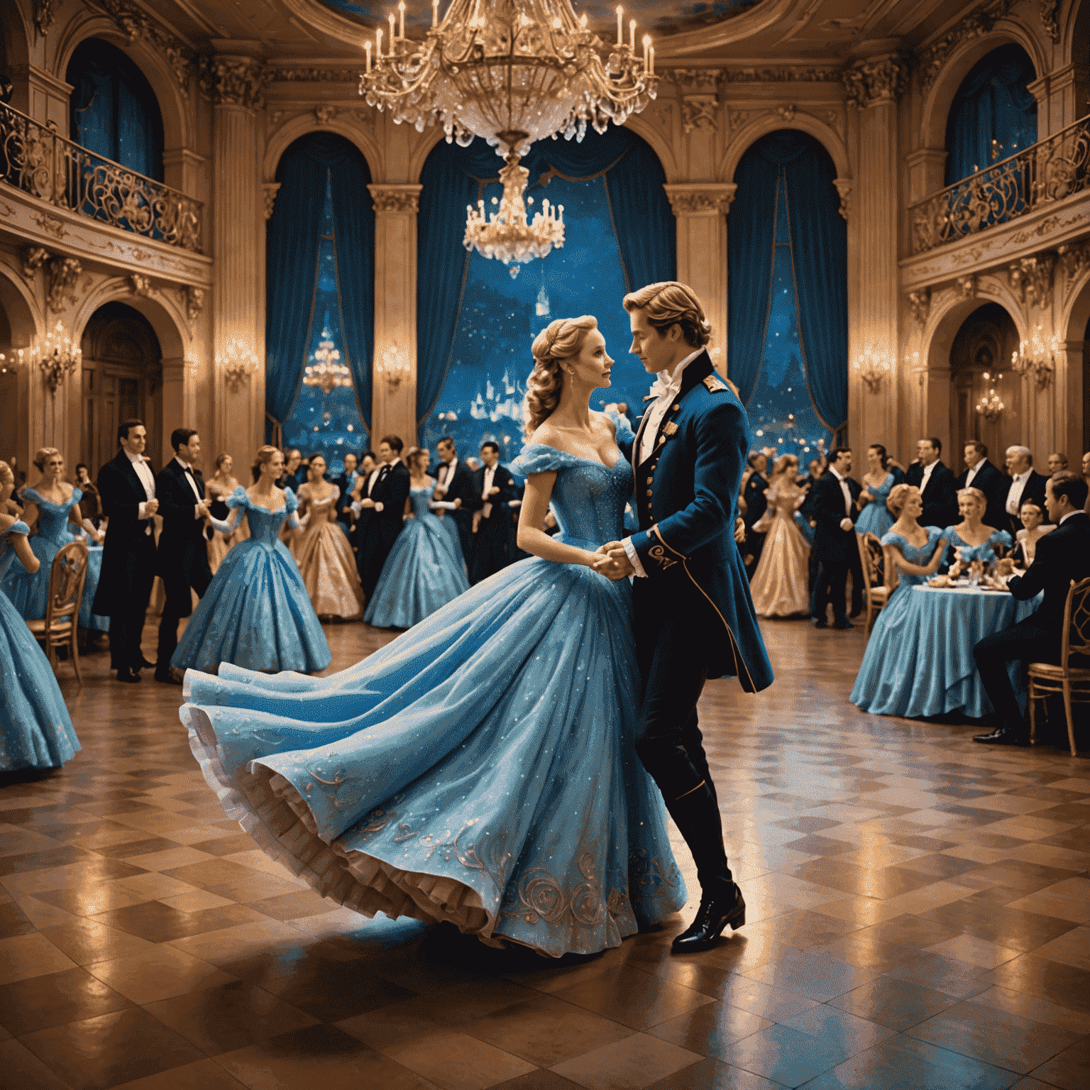 Cendrillon et le Prince dansant dans une salle de bal somptueuse, évoquant la magie des spectacles nocturnes de Disneyland Paris.