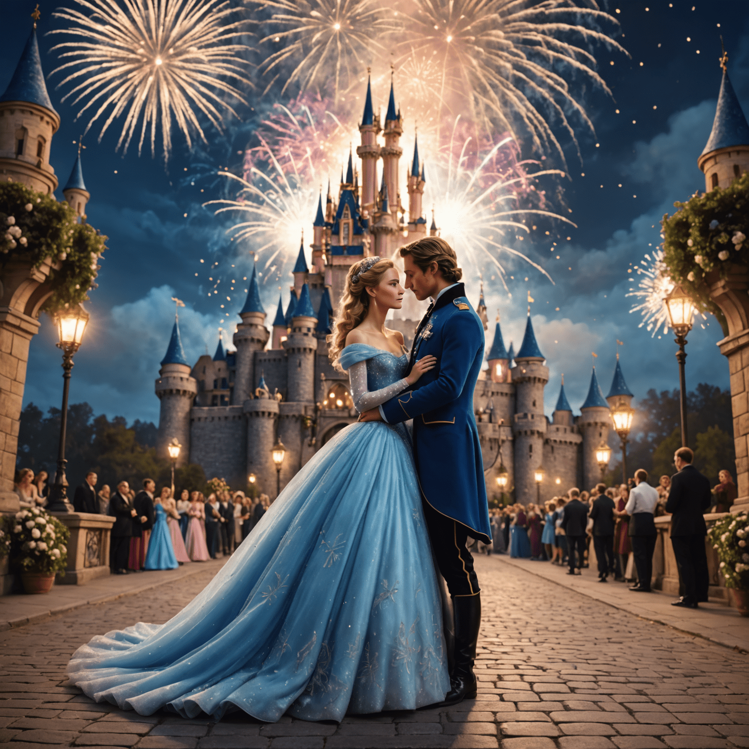 Le mariage de Cendrillon et du Prince devant un château qui ressemble étrangement au Château de la Belle au Bois Dormant de Disneyland Paris, entouré de feux d'artifice magiques.