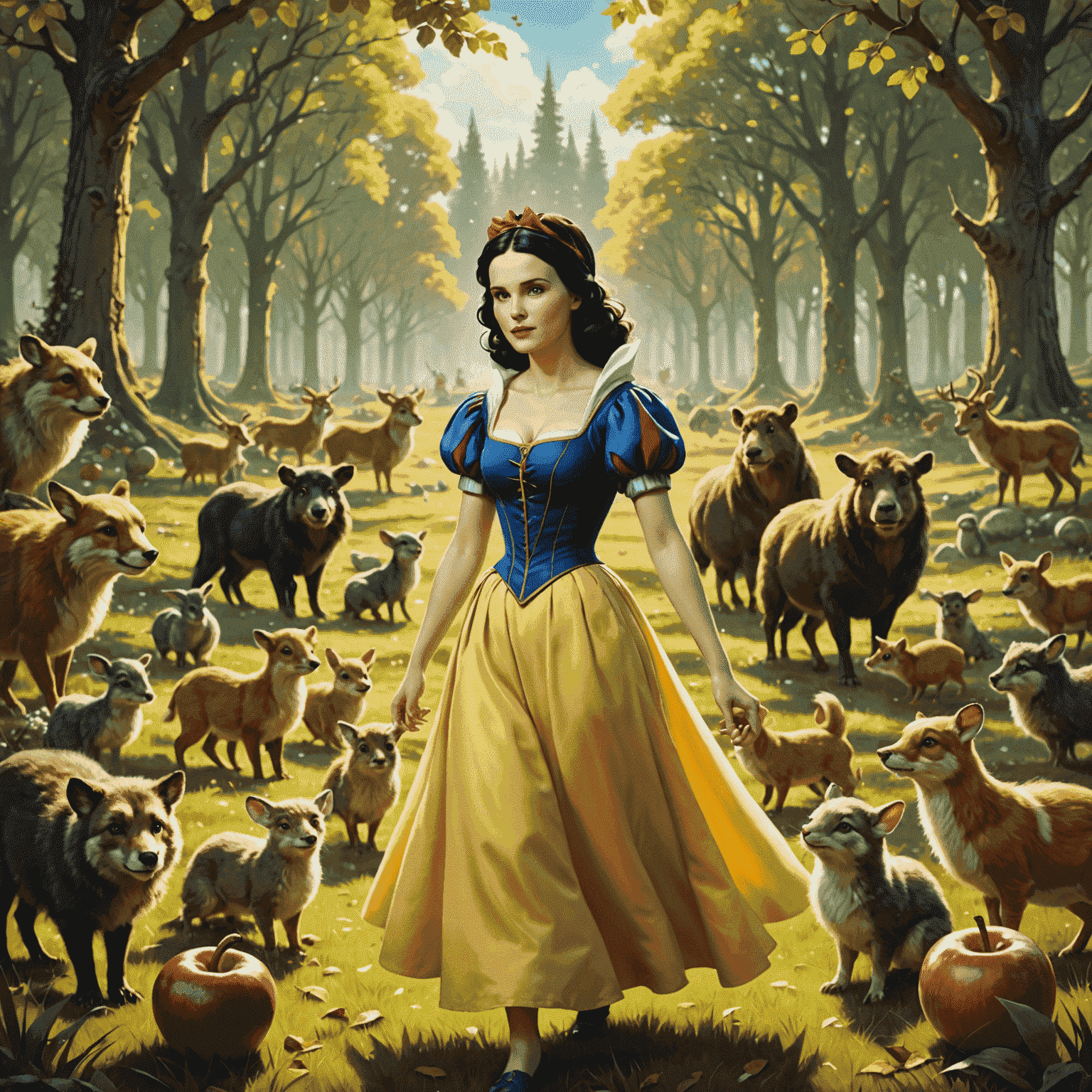 Une image de Blanche-Neige entourée d'animaux de la forêt dans une clairière ensoleillée, avec les Sept Nains visibles en arrière-plan