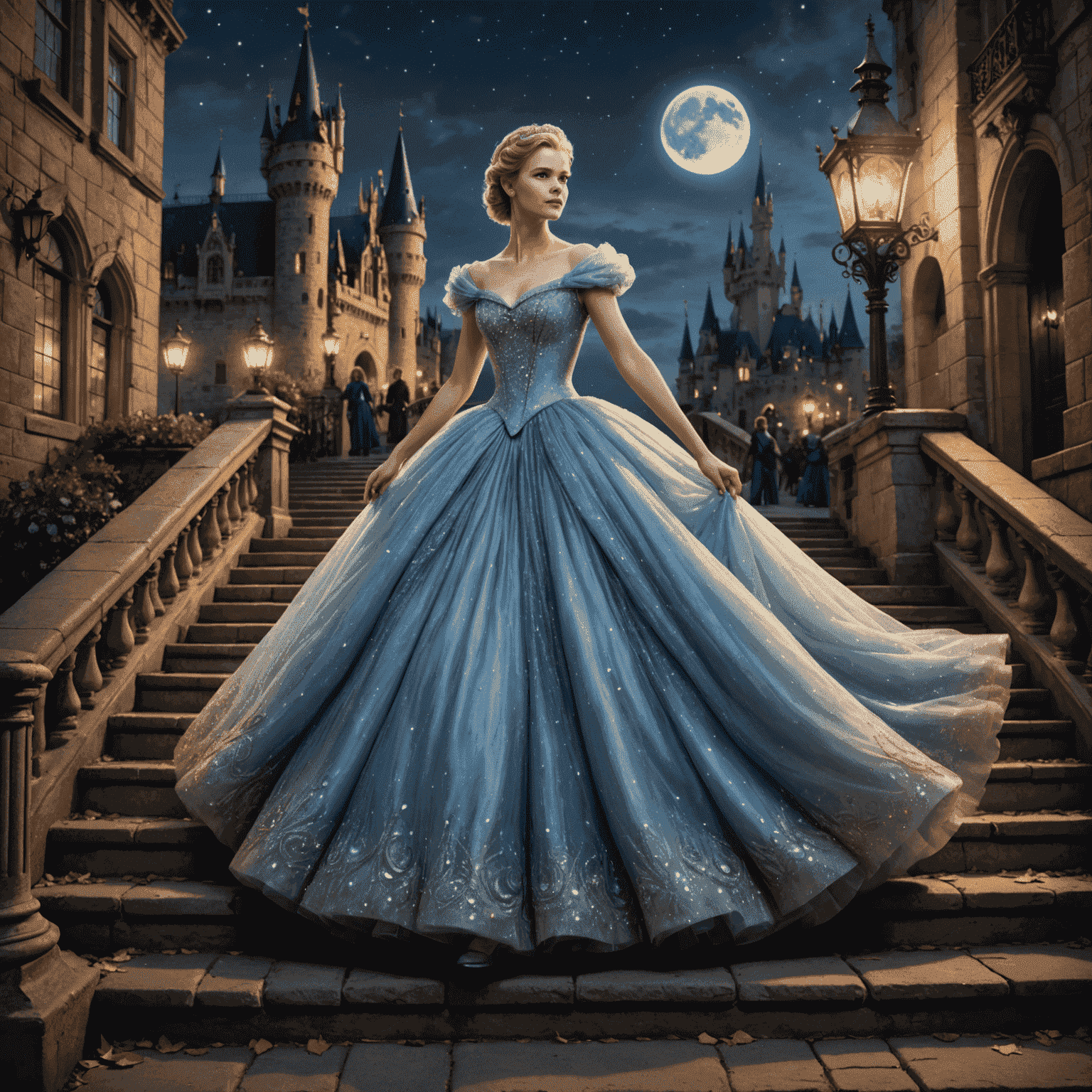 Une image de Cendrillon dans sa robe de bal scintillante, descendant les marches du château alors que l'horloge sonne minuit